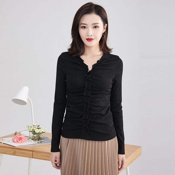 

mdq7o 2020 t-shirt new women's v-neck fashion long sleeve autumn ruffle korean autumn solid coat t-shirt color bottoming gmala, White
