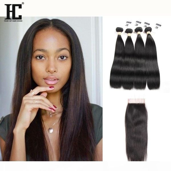 

brazilian straight virgin hair weaves 4 bundles with lace closures 8a grade unprocessed malaysian peruvian indian cambodian remy human hair, Black