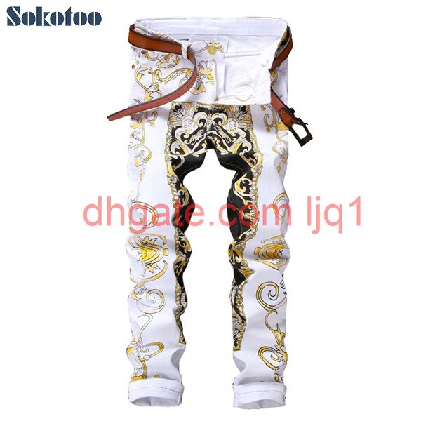 

sokotoo men's slim print jeans fashion flower straight white denim pants long trousers, Blue