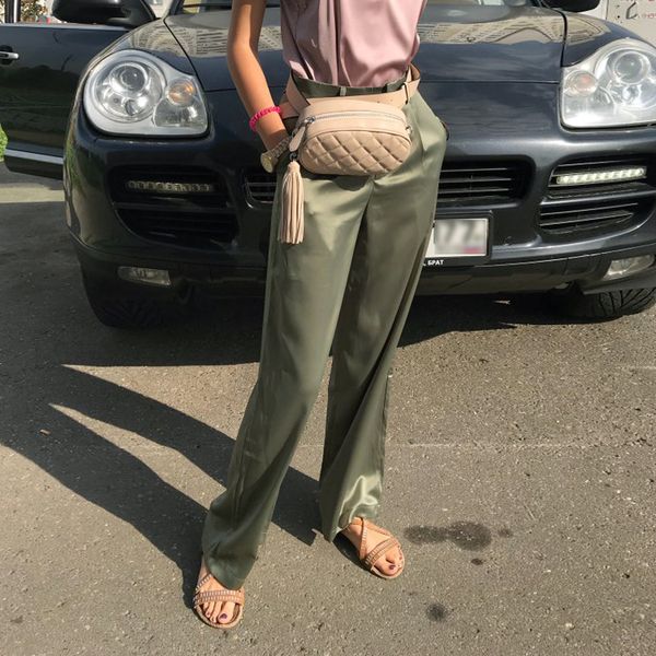 

2020 осень горячие продажи сатин сплошной цвет женская повседневная брюки модный all-match высокая талия сыпучие длинные широко ноги штаны ж, Black;white