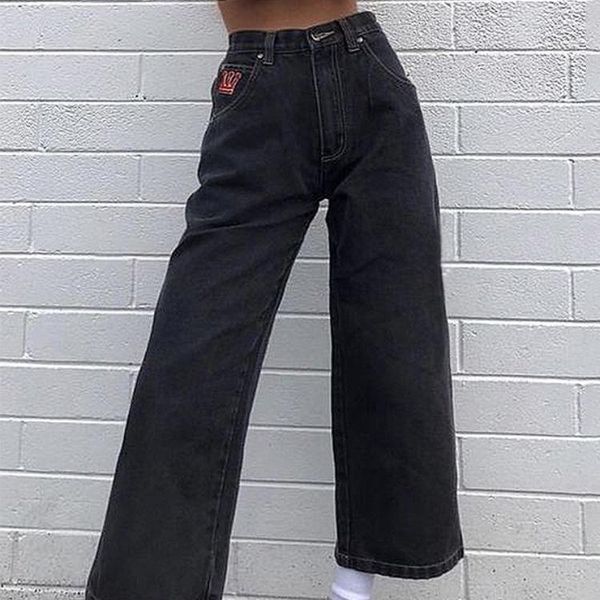 

cargo pants women embroidery high waist women's jeans fit denim pants autumn new casual ladies washed female trousers, Blue