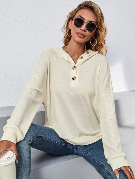 

drop shoulder half button placket hoodie w36k#, White;black