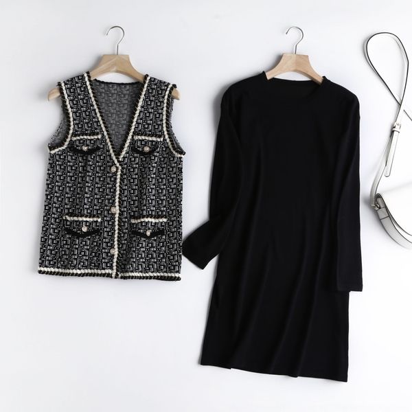 

qimsl q3446-korean autumn 2020 spring and new style graceful tweed vest dressvest dress round neck knitted dress set wcfdy, Gray