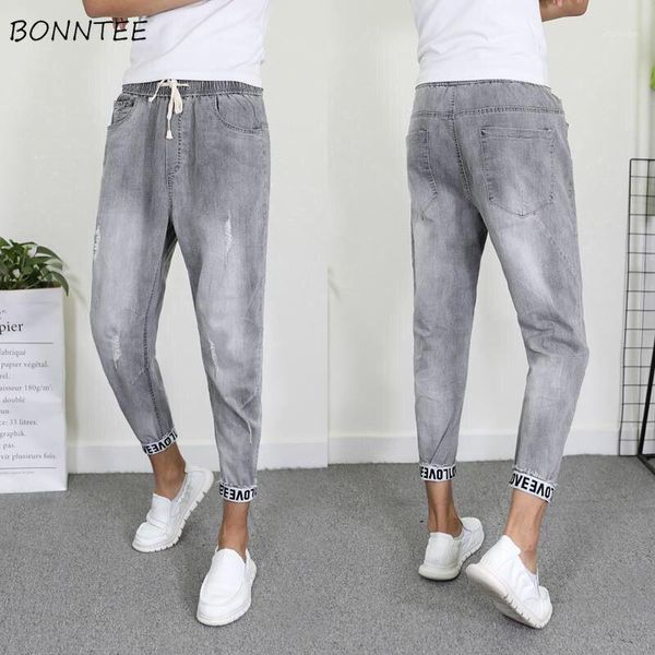 

jeans men drawstring ankle-length fashion leisure korean style slim simple mens trousers denim summer daily all-match1, Blue