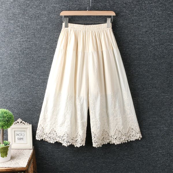 

hollow out lace patchwork embroidery vintage wide leg cotton pants 2020 spring lj201029, Black;white