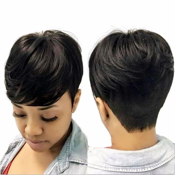 

short straight non remy human hair pixie cut wig for black women brazilian machine madet lace front wigs, Black;brown