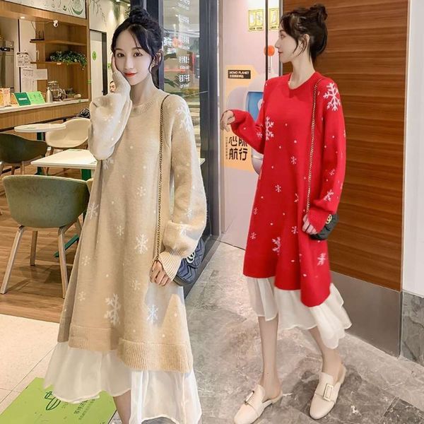 

pregnant women's medium long net sweater red foreign sle autumn and winter clothing korean loose knitted breast-feeding drs large size, White