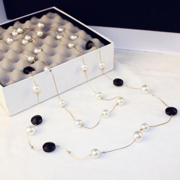 

pendant necklaces imitation pearl crystal zircon necklace long sweater chain simulated pearls ladies for women, Silver