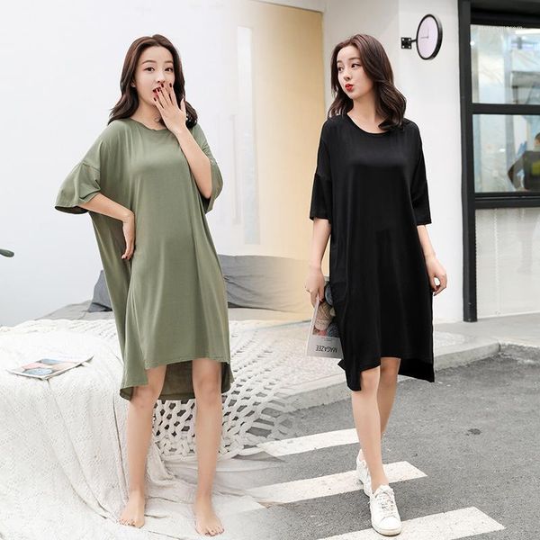 

women's sleepwear modal nightdress short sleeve loose plus size female summer thin section pregnant women bathrobe home wear sleepwear1, Black;red