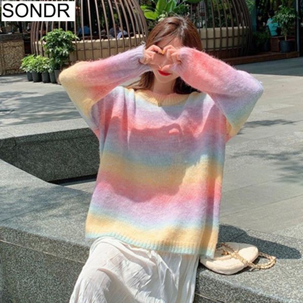

women autumn new sweaters rainbow stripe sweet cute long sleeve knitting korean loose lazy lady pullovers knitting sweaters1, White;black