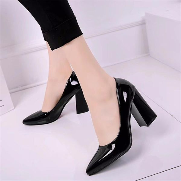 

patent leather high heels pumps women shoes pointed square heel pumps black office female shoes shallow slip-on party