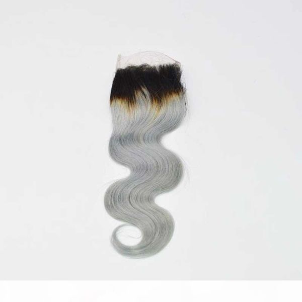 

1b grey closure brazilian virgin hair two tone ombre dark root 4x4" body wave ombre lace closure grey hair, Black;brown