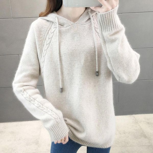 

women's sweaters lucyever pullover women sweater loose knitted hooded long sleeve jumper thick solid ladies casual winter 2021, White;black