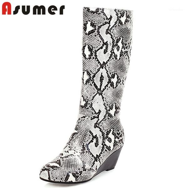 

asumer 2020 knee high boots women round toe pu snake zip wedges shoes fashion european style western boots woman1, Black