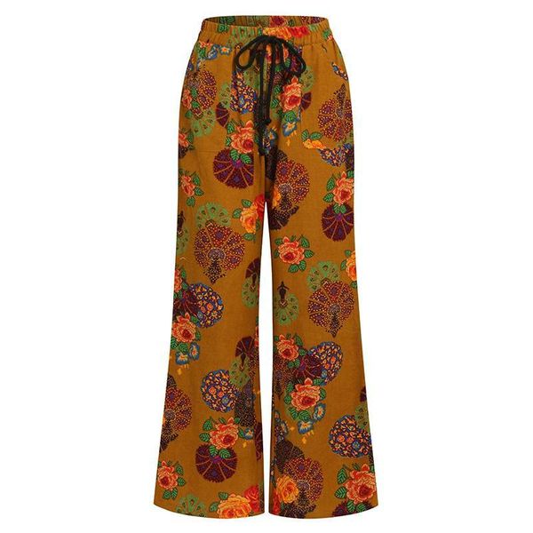 

2021 new linen drawstring womens long plus size printed pants trousers vintage pantalones femme s-5xl pant kol2, Black;white