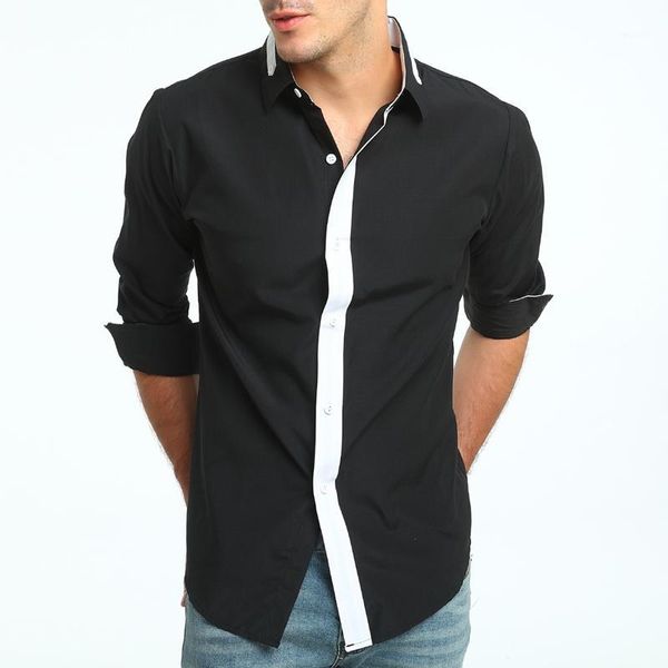 

men shirt brand 2018 male long sleeve shirts casual hit color slim fit black man dress shirts 3xl 8881, White;black