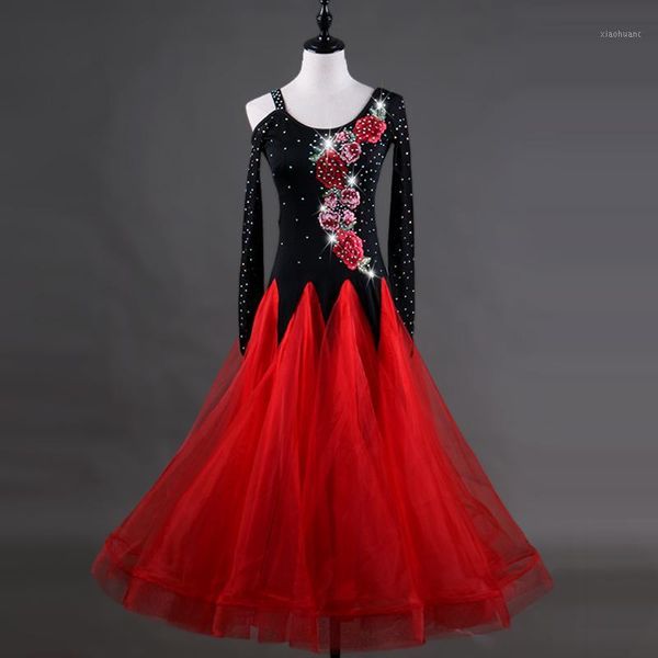 

new red ladies modern stage competition dress long ballroom dance costume embroidery waltz dancing dresses1, Black;red