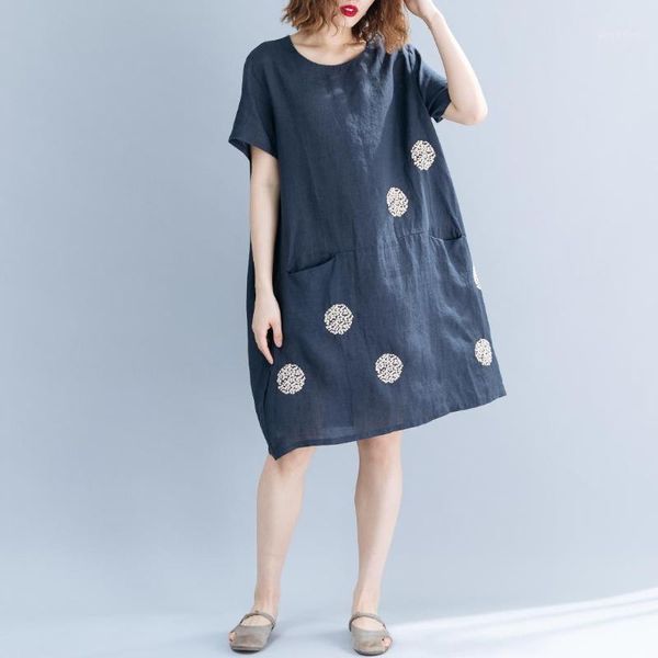 

johnature 2019 summer new casual simple women dresses embroidery o-neck short sleeve pockets loose korean women dress1, Black;gray