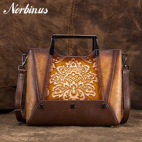 

norbinus genuine leather women messenger bag female embossed crossbody shoulder bag national design handle bags ladies totes