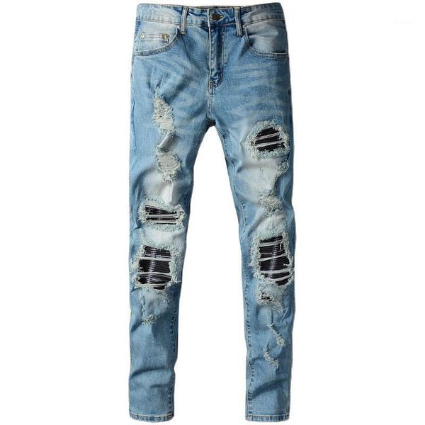 

new men's male trousers high street fashion brand new patch ripped jeans blue mens trend stretch slim fit denim pants 6631