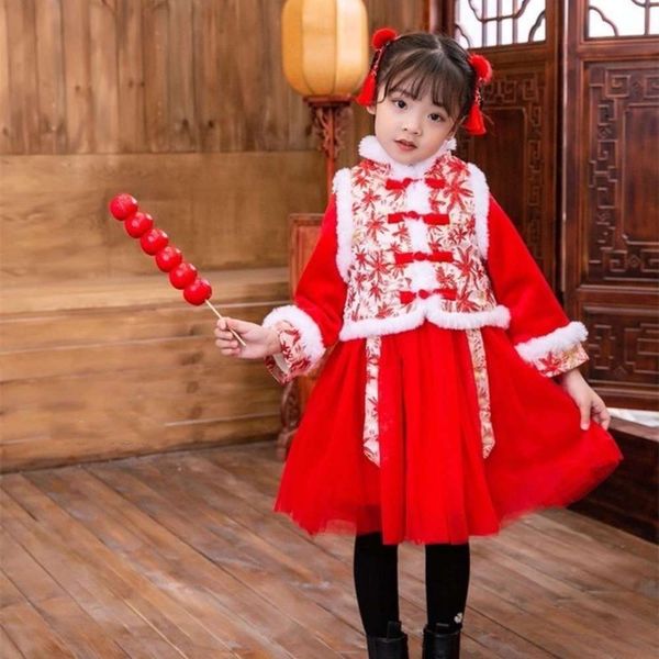 

winter two piece year drs plush girl's chine tang suit, Red;yellow