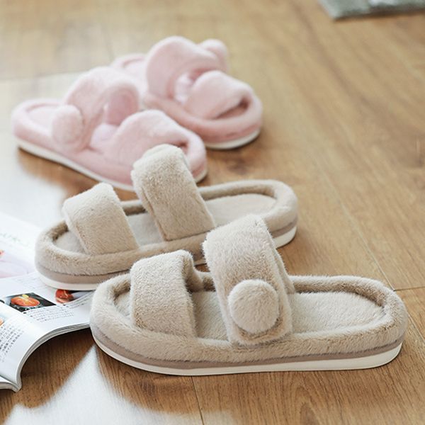 

winter new house solid fur slippers for women bedroom warm plush ladies flat shoes comfortable indoor women furry slipers, Black