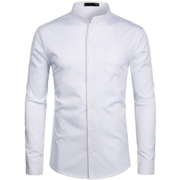 

men's blue formal shirt 2020 stand collar shirt men's long sleeve casual button pocket, White;black