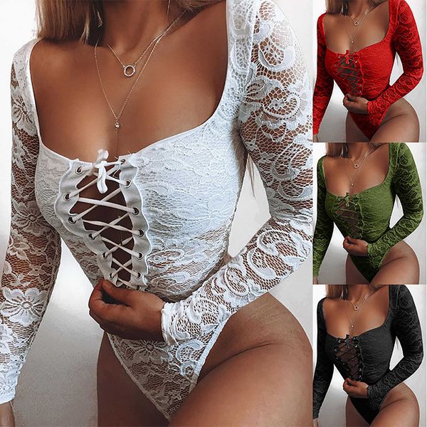 

new fashion women lace solid color square collar long sleeve one-piece lingerie nightwear body bodysuit, Black;white