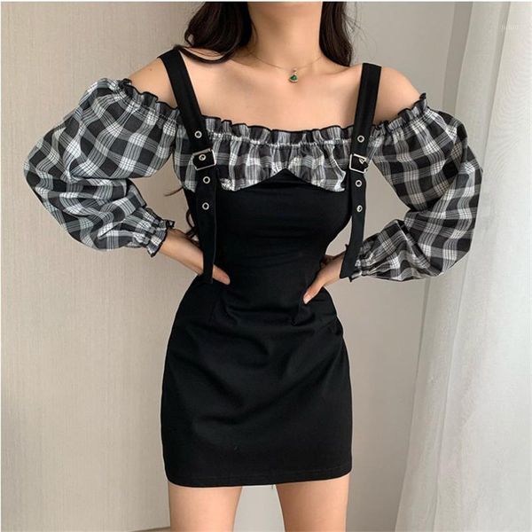 

autumn straps slim dress women elegant fake two-piece dress streetwear ladies black plaid splicing mini long sleeve dresses1, Black;gray
