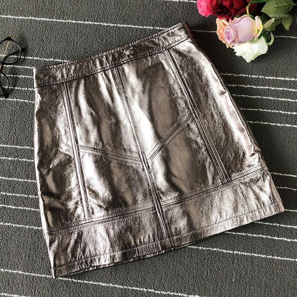 

2020 new womens sheepskin skirt high waist a-line skirt fashion shiny short leather zipper elegant vintage skirts1, Black