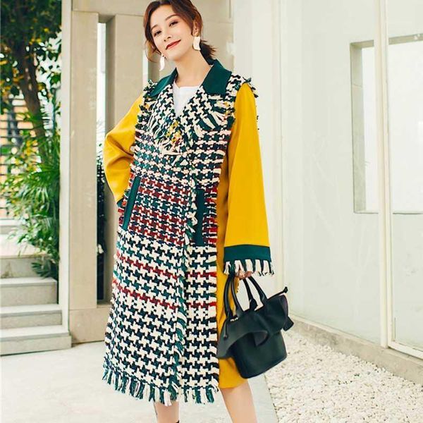 

woolen coat women mid-length 2019 autumn winter fashion new suit collar long sleeve fringed edge plaid trench coat tide1, Black