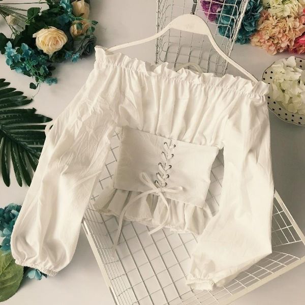 

сексуальная рубашка женщины разрез шеи фонариков рукавом тонкий бинт женщина способа блузы корейский короткий летний топ новых, White