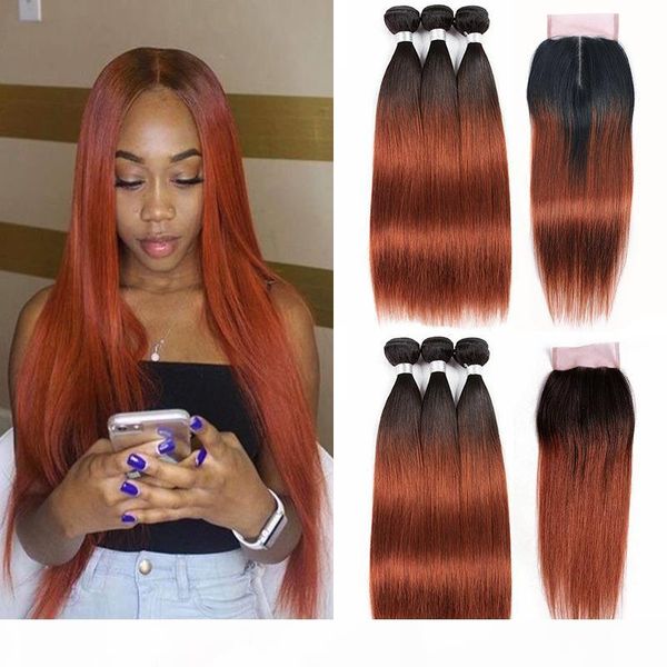 

peruvian malaysian brazilian ombre human hair bundles with closure 1b 33 black roots two tone color virgin hair weaves with lace closure, Black;brown