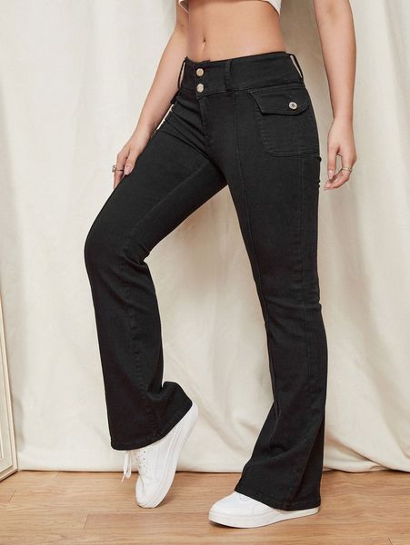 

button fly flare leg jeans n977#, Blue