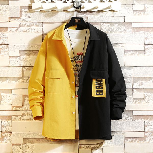 

2021 brand spring autumn black hip hop streetwear patchwork long sleeves new collar korea style shirt for men's clothing 5os0, White;black