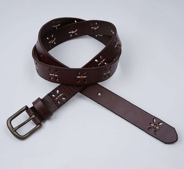 

women's leather pure cow leather, simple and versatile in britain, decorative belt with denim flowers, Black;brown