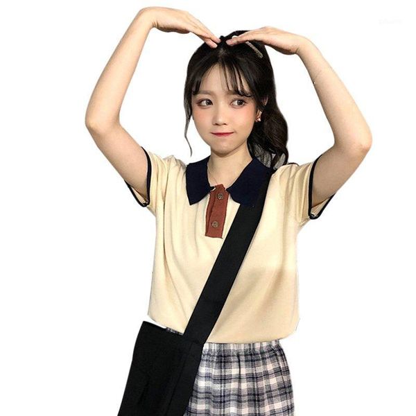 

2020 womens turn-down collar contrast color short sleeve knitted shirt1, White