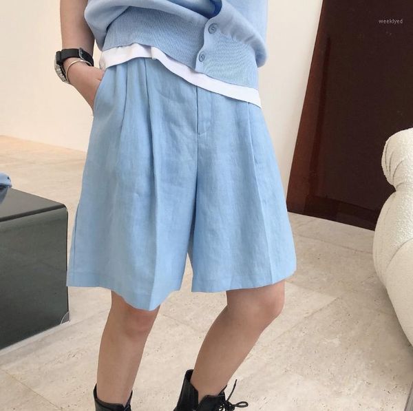 

2020 new fashionable linen high waist wide leg short pants women loose short pants white/blue casual streetwear1, Black;white