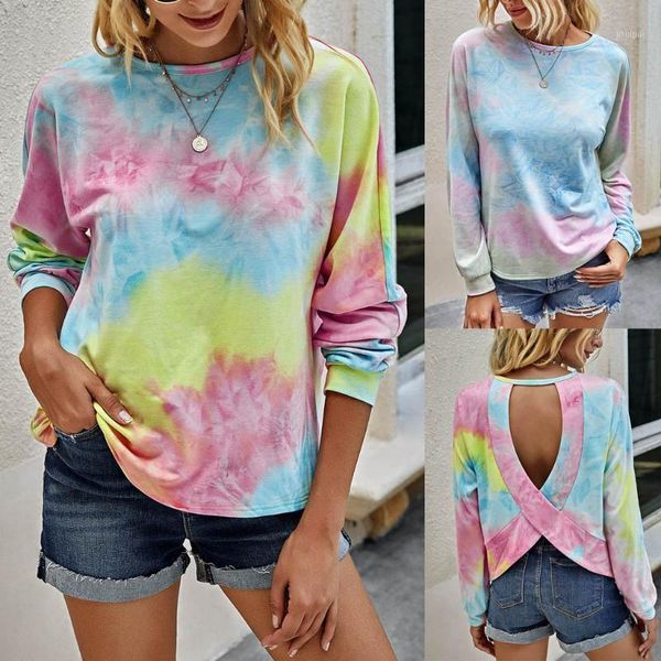 

women blouse backless tie-dyed blouse women shirt fashion o-neck tie-dyed printing long sleeves casual 20201, White