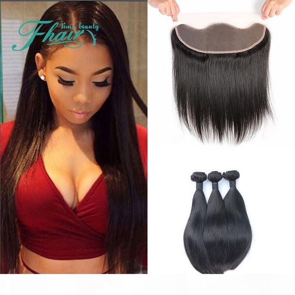 

ear to ear 13x4 inch full lace frontal closures with 3 bundles 7a brazilian silky straight human hair weaves with frontals benefit hair, Black