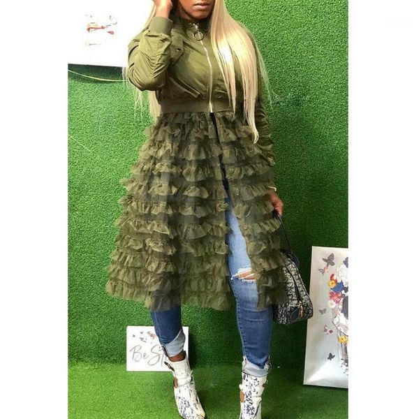 

women jacket fashion solid color long sleeve womens jackets lace ruffles mesh stitching suit elegant overcoat long jackets1, Black;brown