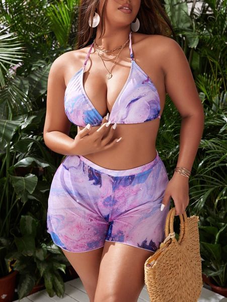 

plus marble print halter triangle bikini swimsuit with cover up a97x#, Black