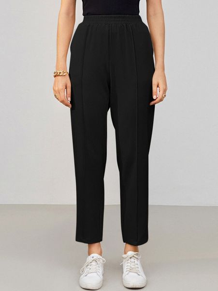 

elastic waist seam front tapered pants s6mm#, Black;white