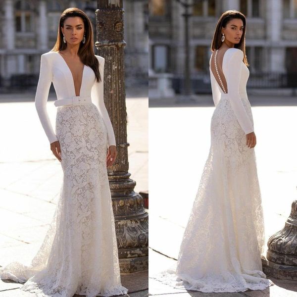 

setwell deep v-neck mermaid wedding dresses backless long sleeves lace appliques floor length bridal gowns, White