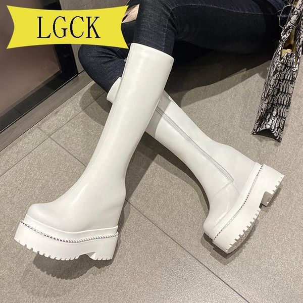 

plus size 34-43 knee high boots women shoes natural genuine leather platform riding boots zipper ladies long autumn white1, Black