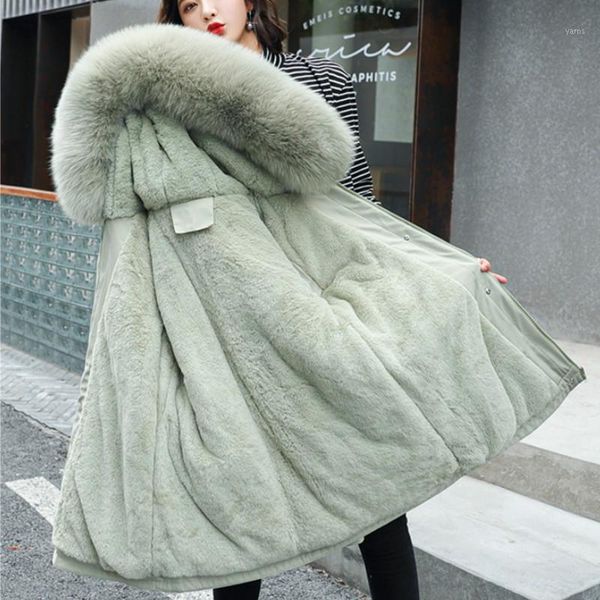 

plus size loose cotton padded long coat warm thicken hooded women outerwear fashion big fur collar parkas female winter jacket1, Black