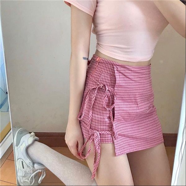 

sweet soft girly kawaii pink plaid mini skirt women student school skirt 2021 new summer hight waist lace up vintage lady skirts, Black