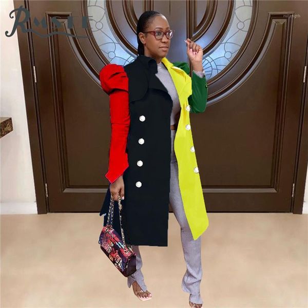 

rmsfe 2021 women's long sleeve fashion suit collar color matching medium long bubble sleeve windbreaker coat1, Tan;black