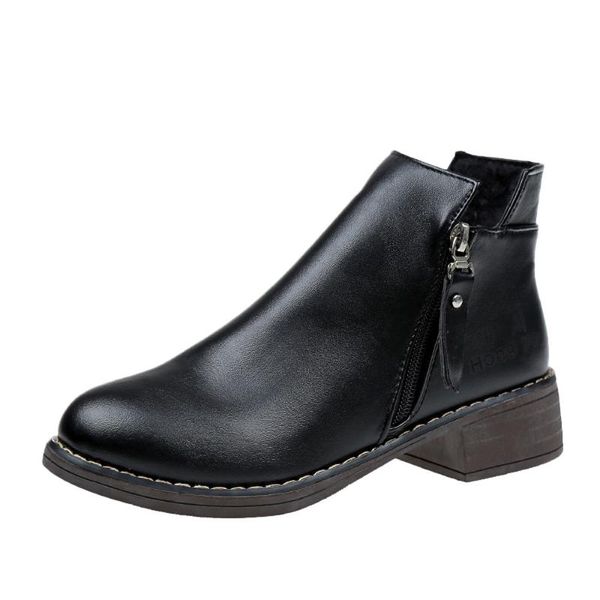 

women leather boots shoes 2020 korea style square heel round toe keep warm zipper short tube martin boots bottes femmes, Black
