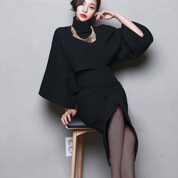 

women's tracksuits korean elegant 2 pieces set women clothing tracksuit winter 2021 loose turtleneck crop and high waist skirts suit s, Gray